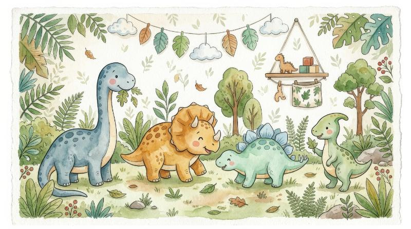 Cute dinosaurs in a watercolor look with hand-drawn charm, leafy accents, gentle textures, soft natural palette, playful prehistoric nursery mood, ultra-realistic, no logos.