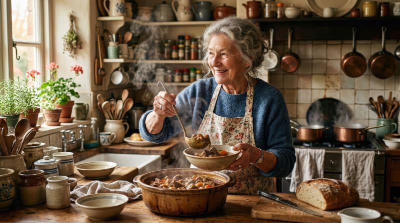 An older woman serving food in the kitchen, steaming dishes, warm domestic light, gentle smile and lived-in details, comforting homestyle atmosphere, ultra-realistic, no logos.