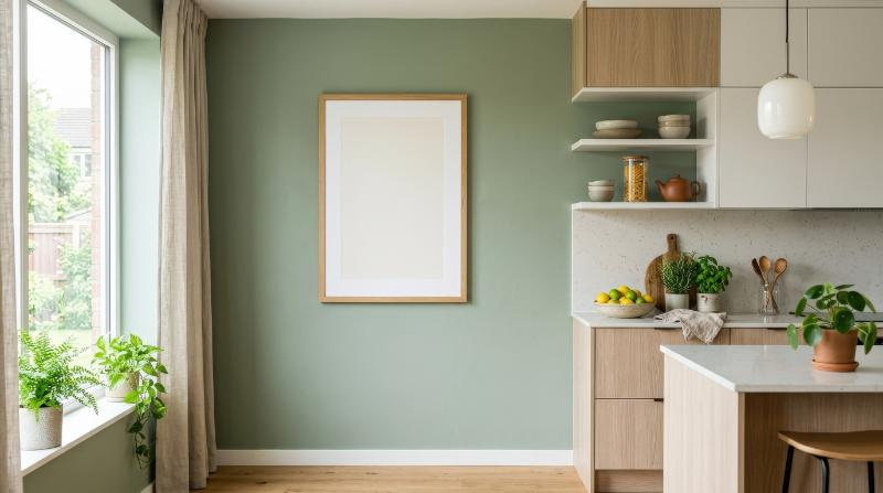A poster frame mockup in a kitchen interior against an empty green wall, modern cabinetry, natural textures and fresh homey light, ultra-realistic, no logos.