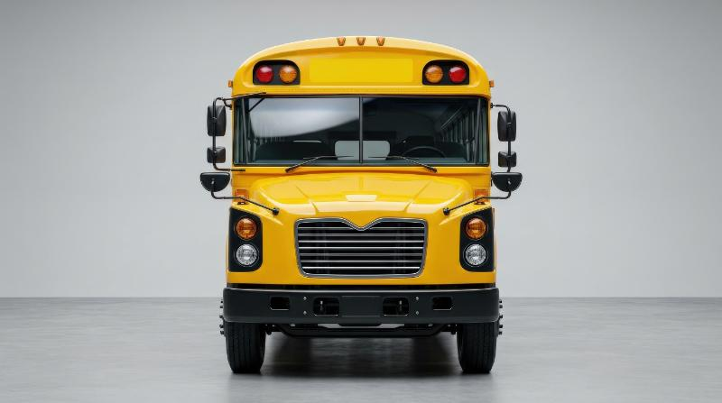 A bright yellow school bus viewed from the front on a clean plain backdrop, smooth painted metal, clear headlights and cheerful studio presentation, ultra-realistic, no logos.