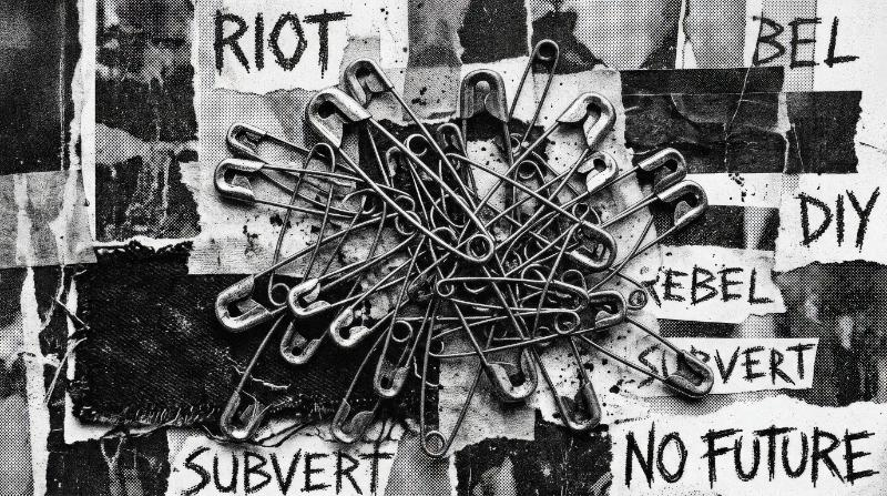 A stipple collage set of safety pins with grungy dotted texture, punk-inspired metallic forms, photocopy-style contrast, raw Y2K rebellion and edgy underground mood, ultra-realistic, no logos.