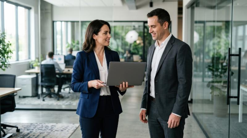 A business woman holding a laptop while standing with her colleague, both dressed professionally in a modern office, subtle smiles and confident posture, clean architectural lines and soft daylight