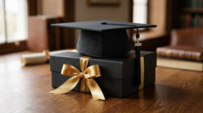 A graduation cap placed on an elegant gift box with a golden ribbon, symbol of academic success and celebration, minimal refined staging, ultra-realistic, no logos.