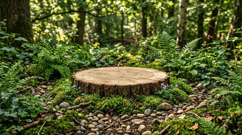 A natural wood slice podium on moss surrounded by green plants and pebbles with soft dappled light, earthy textures, fresh organic atmosphere, ultra-realistic, no logos.