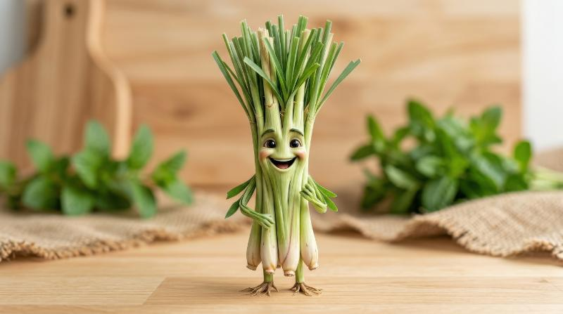 A lemongrass character with fresh green stalks, lively face and vegetable-inspired personality, clean produce-themed setting with playful natural charm, ultra-realistic, no logos.