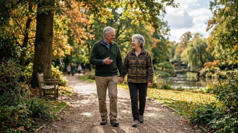 An elderly couple walking and chatting in the park, relaxed smiles, gentle natural light and peaceful everyday companionship, ultra-realistic, no logos.