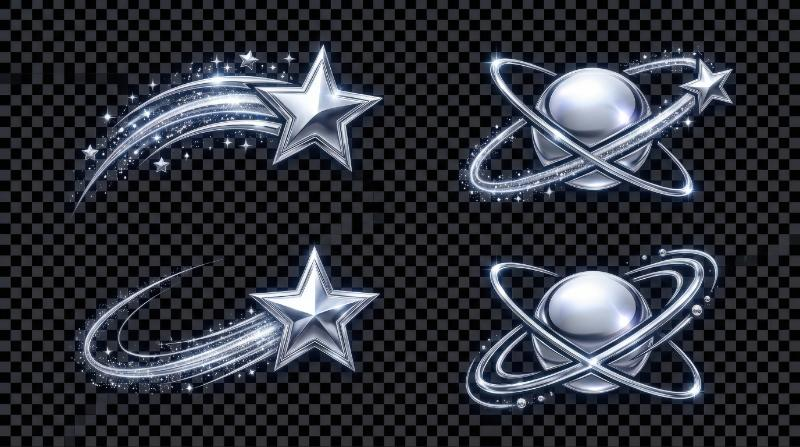 A silver chrome shooting star and orbit icon set, isolated on transparent background, reflective metallic finish, sleek cosmic lines, futuristic Y2K sparkle mood, ultra-realistic, no logos.