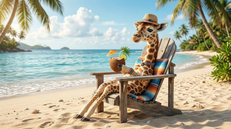 A cute giraffe relaxing in a wooden lounge chair on the beach, holding a coconut cocktail, warm sand, calm sea breeze, whimsical nursery mood, ultra-realistic, no logos.