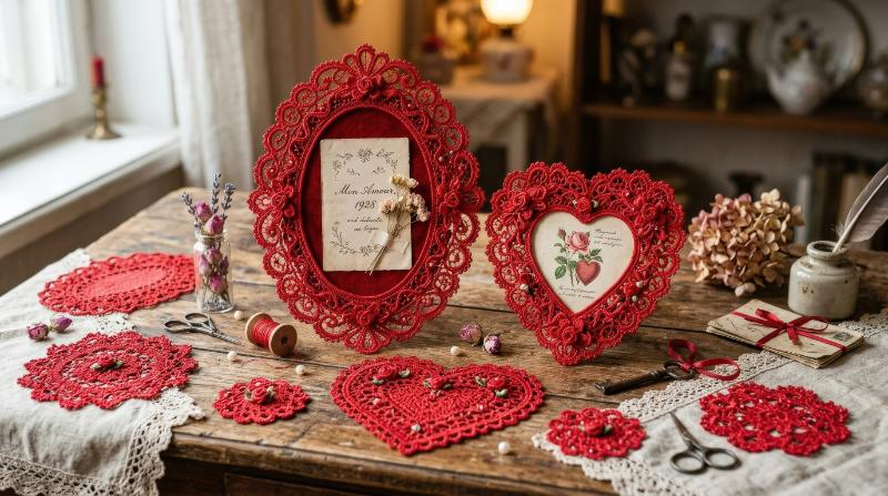 Red whimsical lace frames with Valentine decorations, oval and heart-shaped doilies, floral crochet detail and a romantic vintage branding mood, ultra-realistic, no logos.