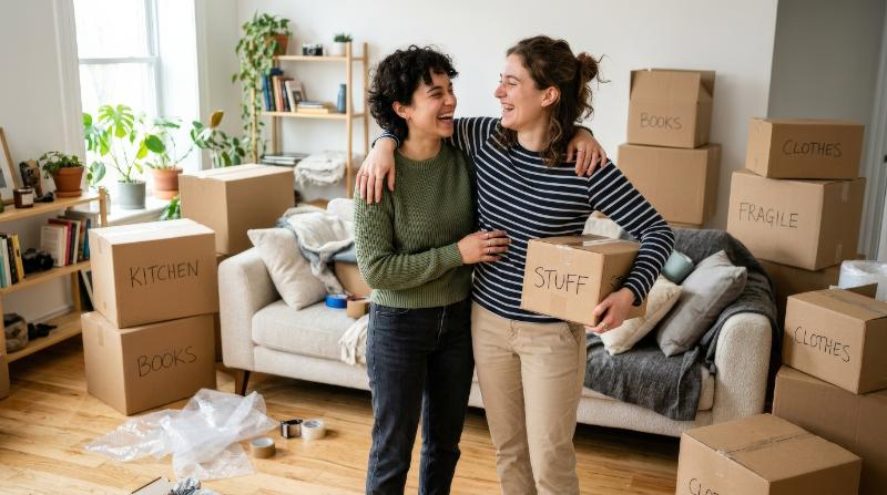 A happy lesbian couple laughing together near a sofa during relocation, moving boxes, bright home interior, affectionate playful mood, ultra-realistic, no logos.