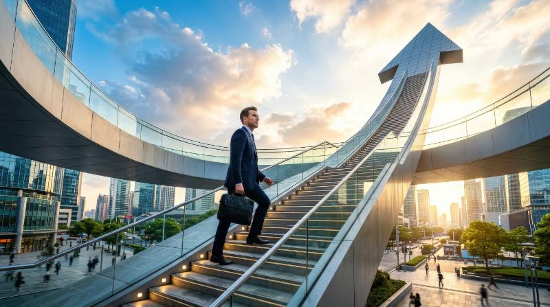A man walking toward a staircase built into a giant rising arrow, sleek architectural forms, strong perspective, bright hopeful light and a determined atmosphere of career success and goal