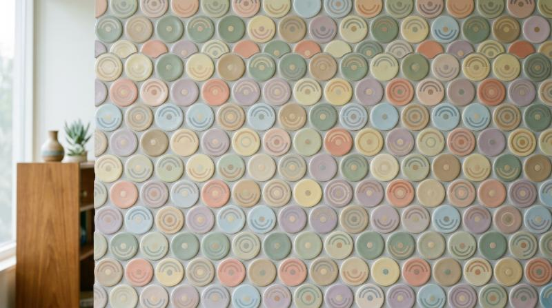 Soft retro circle tiles in muted pastel tones, smooth geometric repetition, subtle shadows, calming mid-century design mood, ultra-realistic, no logos.