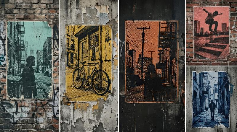 Grunge halftone color backgrounds in duotone vertical formats, faded urban tones and a bold street-poster atmosphere, ultra-realistic, no logos.