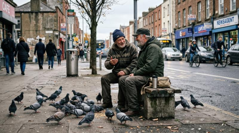 Two men sitting by the roadside talking while pigeons gather around them, everyday urban setting with candid interaction and soft atmospheric detail, ultra-realistic, no logos.