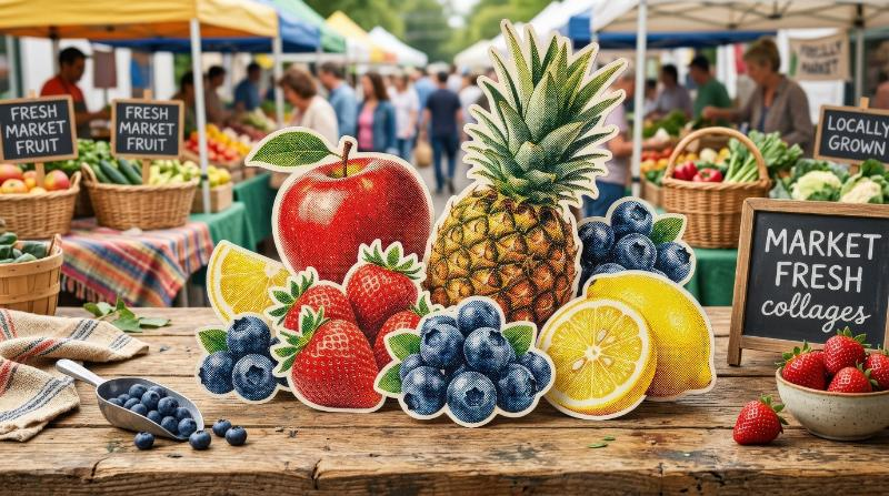 Fruits and berries collage cutouts with apple, strawberry, pineapple, blueberry, and lemon, vintage dot texture and a juicy cheerful market-fresh atmosphere, ultra-realistic, no logos.