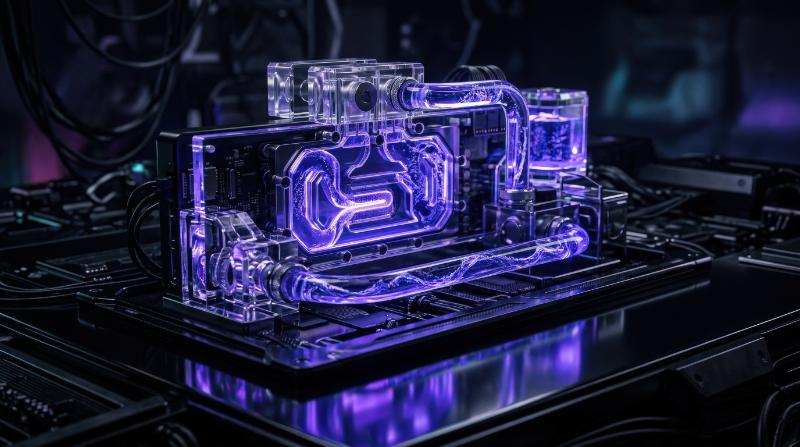 Cyber elements made of transparent glass and liquid acrylic with purple-blue glow on black, cinematic reflections and sleek tech-cover atmosphere, ultra-realistic, no logos.