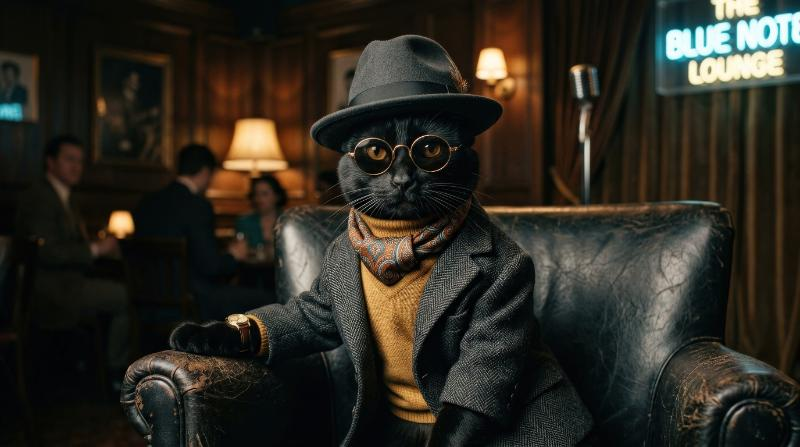 A retro fashion cat with sleek styling and expressive attitude, vintage color palette and bold cinematic charm, ultra-realistic, no logos.