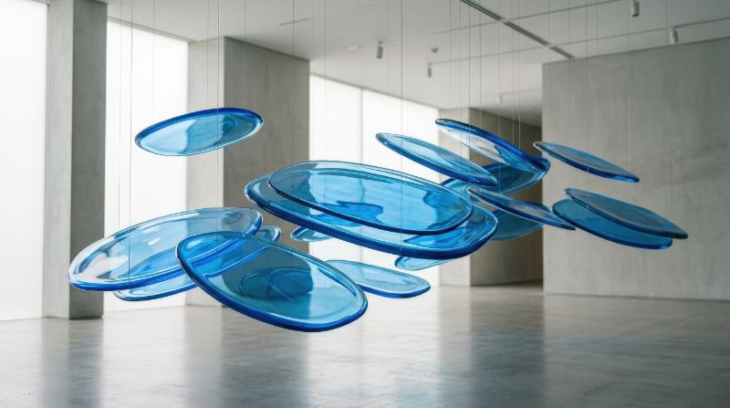 Floating blue glass plates with rounded edges and translucent layers, crisp reflections and calm modern minimalism, ultra-realistic, no logos.