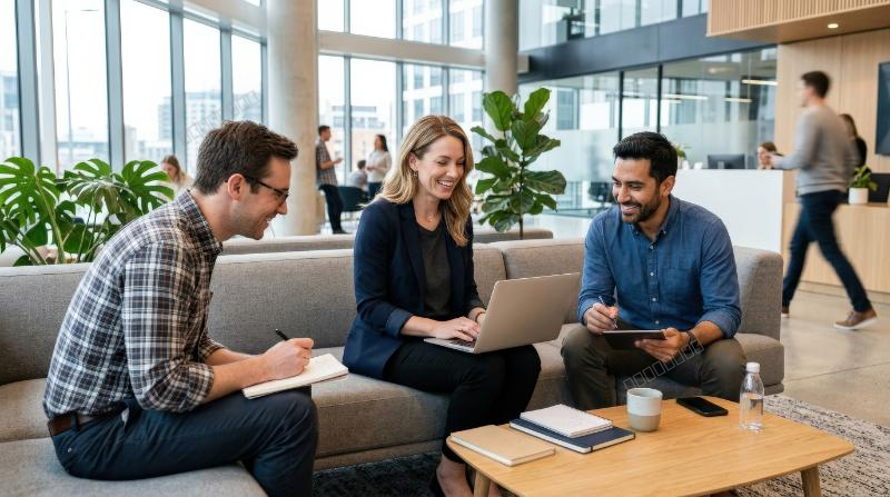 Smiling female business expert using a laptop while sitting with male colleagues in a tech office lobby, modern lounge furniture, casual teamwork, bright contemporary atmosphere, ultra-realistic, no