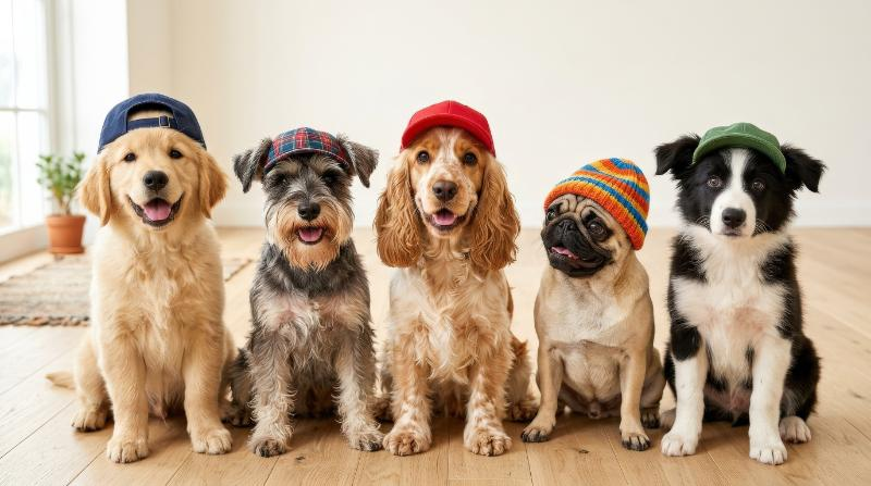 A playful collection of cute dogs wearing caps, varied fur textures and lively expressions on a clean bright backdrop, fun cheerful atmosphere, ultra-realistic, no logos.