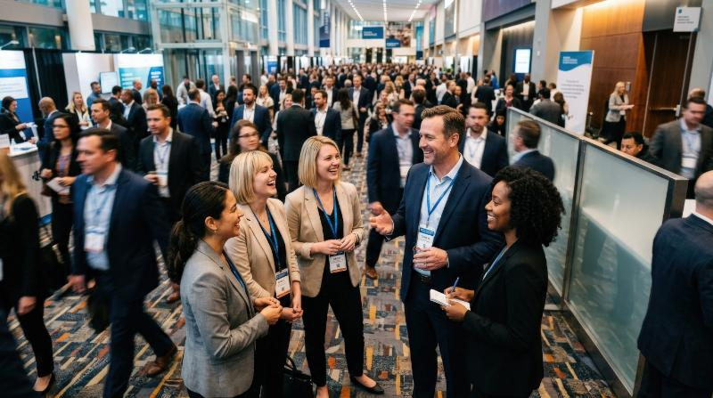 High-angle view of a cheerful businessman speaking with female corporate professionals at a convention center networking event, name badges, modern venue, lively crowd blur, upbeat business energy,