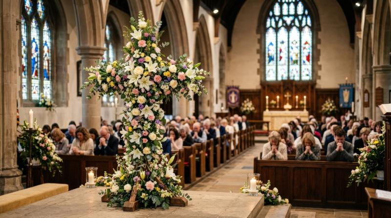 A decorative Christian cross made of fresh flowers inside church during Easter service, congregation softly blurred in prayer, floral textures, warm sacred light, ultra-realistic, no logos.
