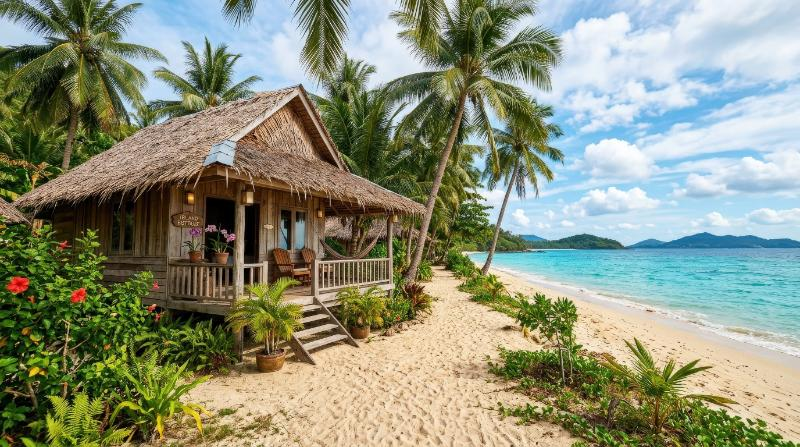 A beachfront bungalow with palm trees and a sandy path, bright island setting, simple tropical architecture and inviting coastal warmth, ultra-realistic, no logos.
