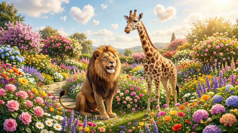 A happy lion and giraffe standing together in a colorful flower garden with heart-shaped accents in the sky, vibrant blooms and sunny light, playful joyful atmosphere, ultra-realistic, no logos.