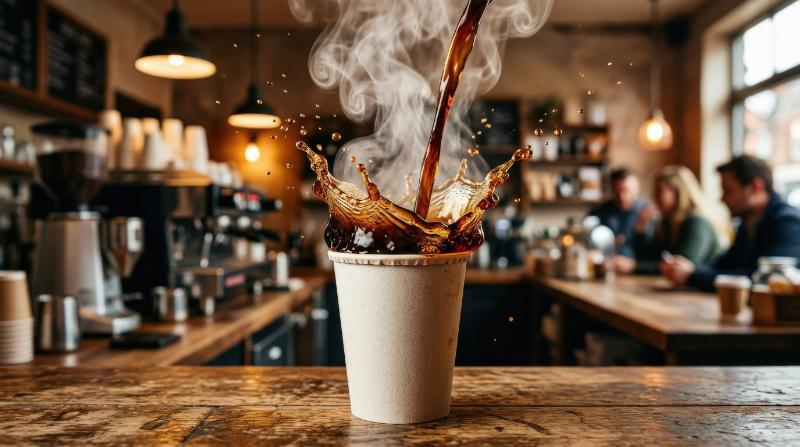 Hot coffee splashing into a paper cup with steam rising, rich liquid motion, warm tones, dramatic cafe lighting, energizing fresh-brew atmosphere, ultra-realistic, no logos.