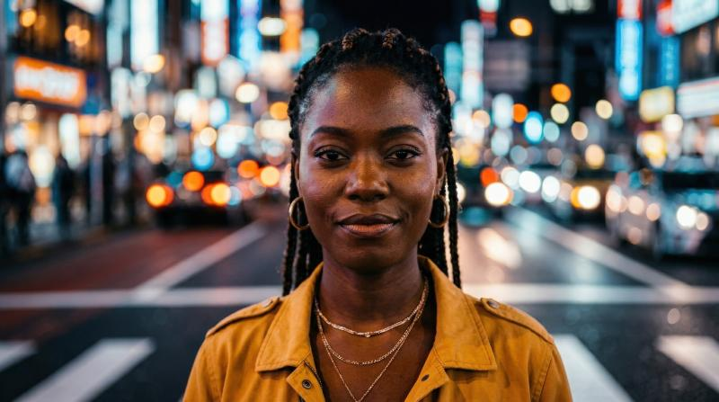 A confident African woman crossing a road in an illuminated night city, close-up portrait with glowing headlights and neon bokeh, stylish expression, cinematic urban atmosphere, ultra-realistic, no