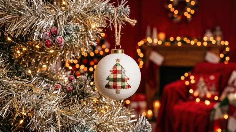 A white Christmas ornament with a plaid tree design hanging on tinsel garland, glowing fairy lights on a red festive background, cozy handcrafted holiday mood, ultra-realistic, no logos.