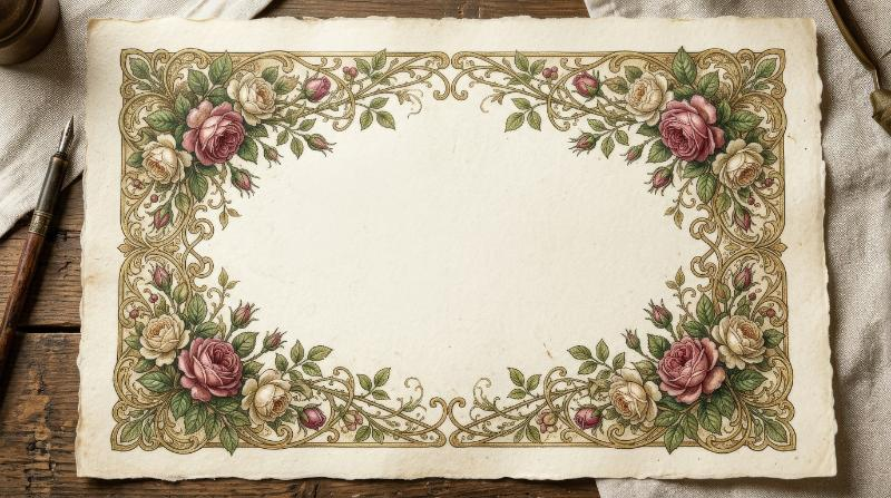 A vintage nouveau floral border of roses and delicate leafy vines, ornate corner framing with romantic botanical elegance for a timeless invitation feel, ultra-realistic, no logos.