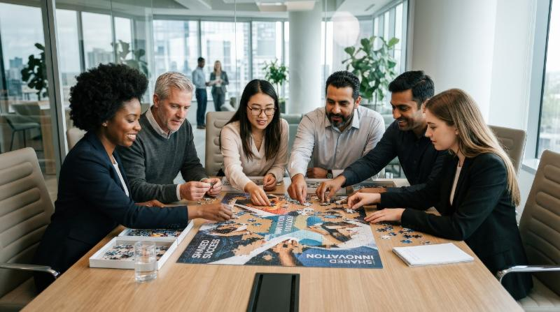A diverse business team assembling puzzle pieces together, collaboration and teamwork concept, clean corporate atmosphere, ultra-realistic, no logos.