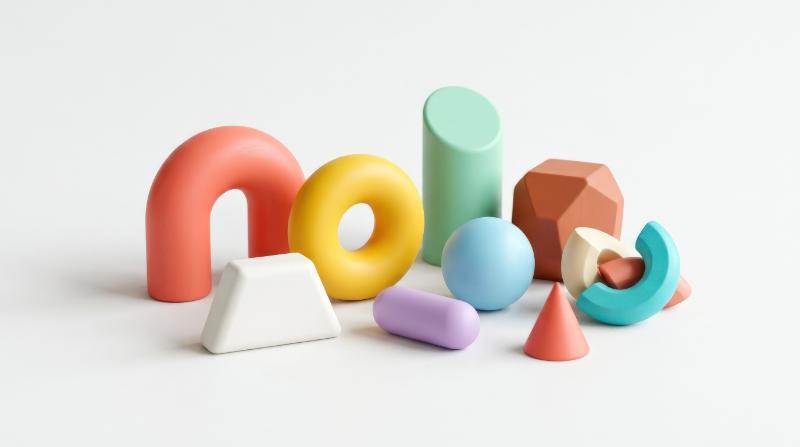 A set of playful abstract geometric shapes isolated in clean space, smooth forms, bright modern styling and upbeat contemporary design mood, ultra-realistic, no logos.