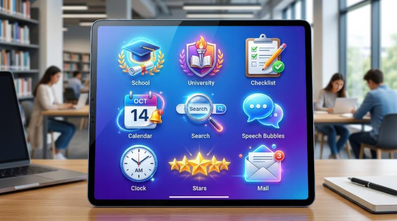 A polished set of education and social-media icons for school and university, checklist, calendar, search, speech bubbles, clock, stars and mail, bright academic-tech atmosphere, ultra-realistic, no