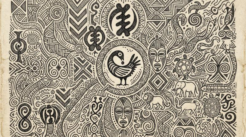 African tribal symbols in fine doodle line art, expressive cultural motifs with rhythmic handcrafted detail and earthy visual energy, ultra-realistic, no logos.