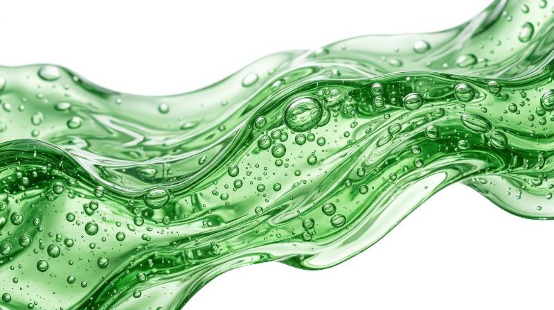 Abstract transparent green liquid waves with bubbles isolated on white, aloe-like moisturizing gel texture and soft organic freshness, ultra-realistic, no logos.