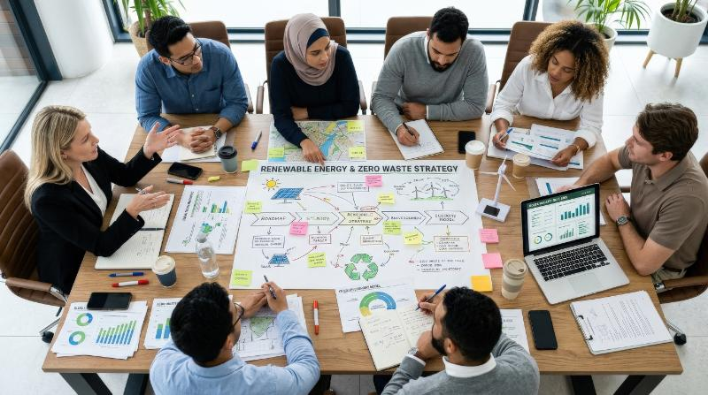 Top-down view of a business team discussing renewable energy and zero waste strategy around a table with a laptop, documents spread out, dynamic planning atmosphere, ultra-realistic, no logos.