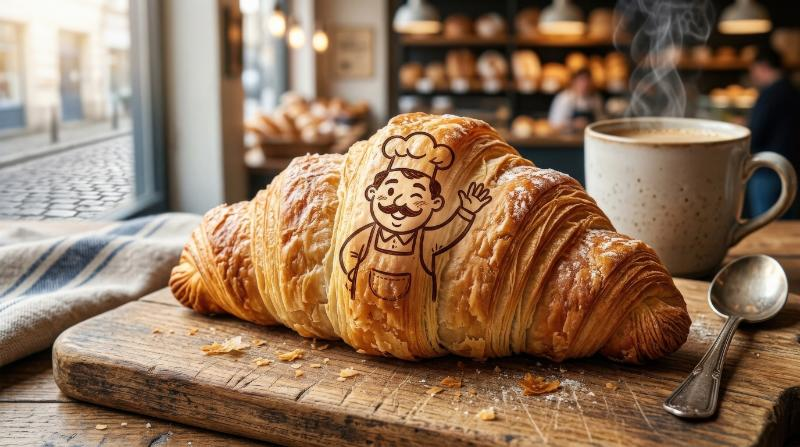 A croissant with bold hand-drawn character, crisp flaky layers, warm bakery appeal, fresh morning atmosphere, ultra-realistic, no logos.
