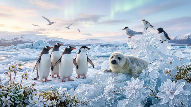 A charming group of arctic animals including penguins, birds, and a seal across an icy landscape with delicate floral accents, cool crystalline textures and soft light, magical winter atmosphere,