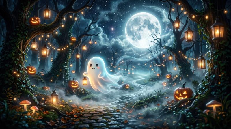 A surreal Halloween night with a cute ghost drifting through a dreamlike scene, glowing lanterns, moonlit fog, enchanting spooky atmosphere, ultra-realistic, no logos.
