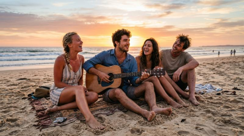 Friends on the beach playing guitar and singing, barefoot in the sand, ocean behind them, easy summer camaraderie, warm sunset glow, ultra-realistic, no logos.