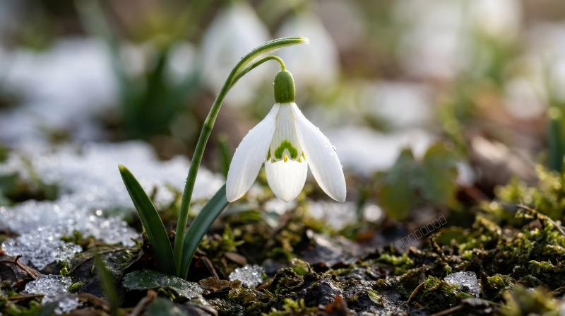 A macro view of a white snowdrop flower with green accents glowing in soft sunlight, pure early spring elegance and refined detail, ultra-realistic, no logos.