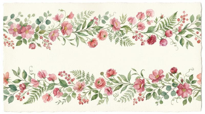 A watercolor midsummer seamless border with delicate leaves and pink-red flowers, hand-painted floral frame with soft romantic detail, graceful invitation atmosphere, ultra-realistic, no logos.