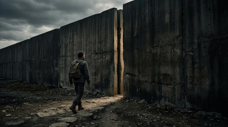 A man walking toward a narrow gap in a massive wall, stark minimal architecture, symbolizing market entry and overcoming barriers, tense dramatic lighting, ultra-realistic, no logos.