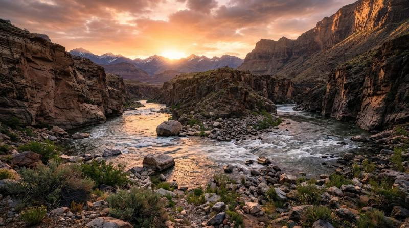 A beautiful mountain river landscape with canyon walls and low sun at dawn, glowing sky, flowing water and dramatic natural grandeur, ultra-realistic, no logos.
