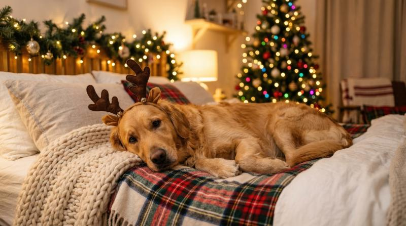 A golden retriever wearing reindeer antlers lying on a cozy bed, warm Christmas lights softly glowing in the background, adorable festive comfort, ultra-realistic, no logos.