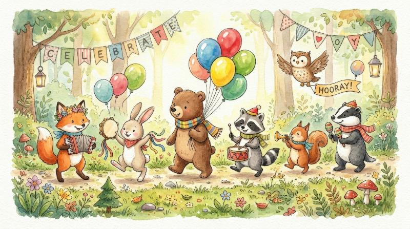 Watercolor parade of cute forest animals with balloons and instruments, charming nursery celebration scene with joyful hand-painted softness, ultra-realistic, no logos.