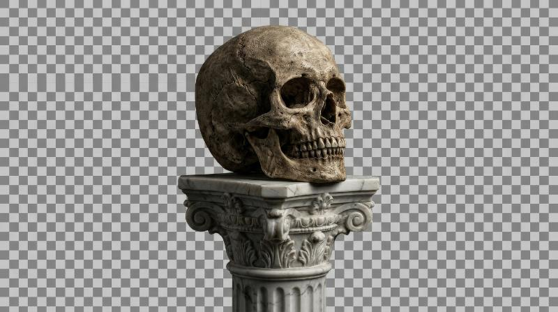 A skull placed on a classical marble pedestal, isolated on transparent background, detailed bone texture, elegant sculptural presentation, moody gothic studio lighting, ultra-realistic, no logos.