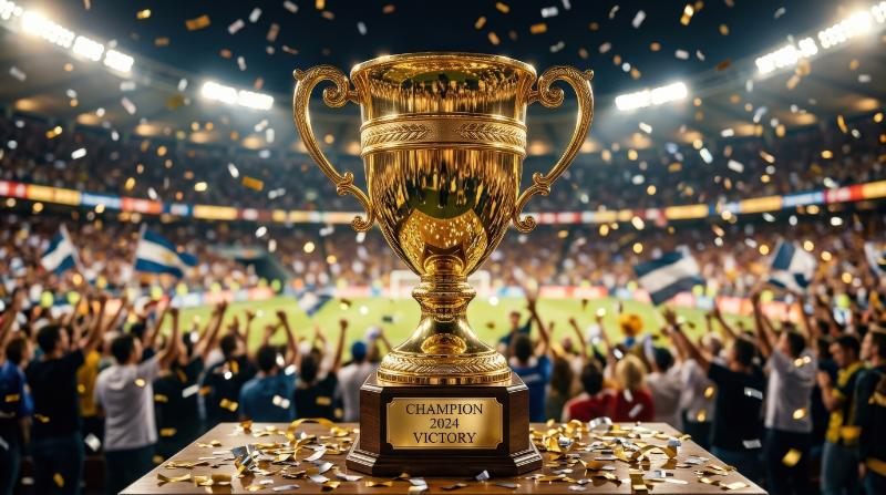 A trophy cup champion symbol with polished metallic shine, proud silhouette and victorious celebratory mood, ultra-realistic, no logos.